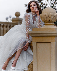 High Quality New European and American women's polka dot mesh see-through puff sleeve dress Cross-border Hot Sale