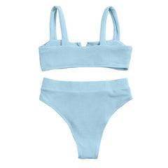 Women's High Breast Contrast Gradient Split Bikini Set One Piece Swimsuit Deep V Adjustable Shoulder Beachwear Bathing Suit