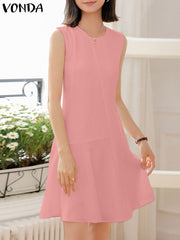 VONDA Elegant Mini Dress 2023 Women Summer Solid Color Short Sleeve Sundress Fashion Casual Loose Party Streetwear Vestidos