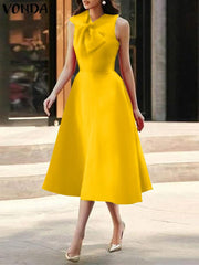 VONDA Elegant Dresses For Women 2022 Solid Bow Neck Sleeveless Waist-in A-Line Vestido Bohemian Party Casual Summer Plus Size Long Dress