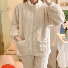 Autumn and winter women's warm solid color cut velvet plush pajamas homewear set