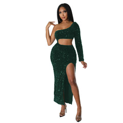 European and American dress bag hip mid-length skirt slanted collar hollowed out long-sleeved high slit sequined sexy dress for women