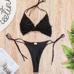 Halter Mini Bikini Female Swimsuit Women Swimwear Two pieces Bikini set Luxury Pearl Bather Bathing Suit Swim Lady