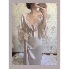 QWEEK Satin Nightgown Elegant Dresses Women Autumn Sleepwear Lace Nightwear Long Sleeve Vintage Nightie Sexy Gown Vestidos