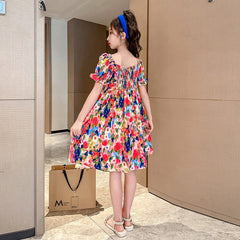Girls summer floral dress 2023 new medium and large children's Korean version of foreign style summer girl dress trend