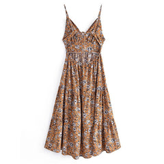 فستان نسائي بوهو ستايل مطبوع عليه زهور أنيق بياقة على شكل V بدون أكمام فستان حفلات بدون ظهر للسيدات فستان بحزام سباغيتي غير رسمي