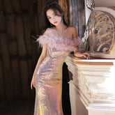 Pink shiny sequined evening dress skirt female fashion temperament lady annual meeting host party dress mermaid