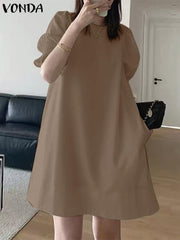 فوندا فساتين أنيقة للنساء 2022 حلوة الصلبة مطوي الأكمام نفخة تكدرت ألف خط فساتين فيستدوس بوهو حزب الصيف عارضة زائد حجم فستان قصير