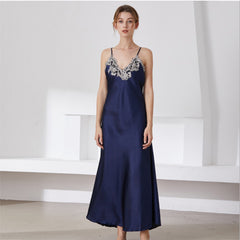 silk pajamas women's lace V-neck long suspender nightdress pajamas home wear