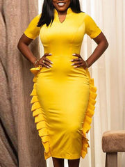 Women Bodycon Dress Short Sleeve High Waist V Neck Ruffles Office Lady Classy Work Wear Evening Party Robe Plus Size Summer New