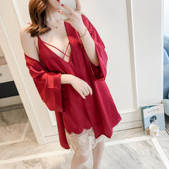 Spring and summer women's silk and lace suspenders nightdress, nightgown, ice silk bathrobe, home pajamas set