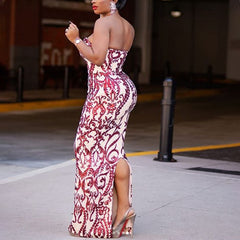 European and American women's long-sleeved sequin wrap hip evening dress