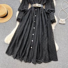 French Simple Fashion Lapel Crochet Hollow Lace Dress
