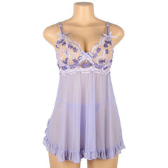 Women Nightgowns Lace Flower Nightwear Violet Back Slit Suspender Nightdress Sheer Ruffle Pajamas Plus Size 5XL