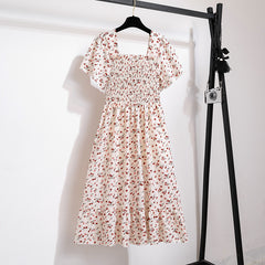 Summer Autumn Fashion Female Short Sleeve Casual Dress Elastic Waist Printed Floral A-line Midi Dress Women Chiffon Dress