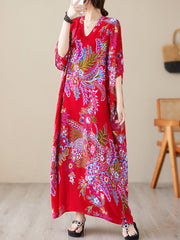 Women's ethnic style printed dress summer V-neck cotton silk large size loose literary holiday style beach skirt retro meat-covering long robe