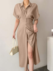 ZANZEA Women Elegant Dresses Solid Turn-Down-Collar Short Sleeve Calf Length Dress Fashion Holiday Casual Loose Ladies Vestido Plus Size