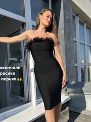 New Summer Sexy Strapless Backless Feather Black Midi Women Bodycon Bandage Dress 2022 Designer Fashion Party Club Dress Vestido