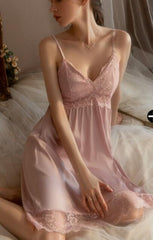 Women's autumn long-sleeved nightdress with chest pad long suspender pajamas lace home service
