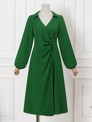 ZANZEA Sexy Lapel Collar Dresses Women Elegant Pleats Waisted Long Vestido Long Puff Sleeve Wrap Dress Holiday Solid Midi Robes