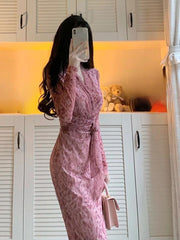 2023 women's Korean style fashion long-sleeved flower print dress women's slim elegant party dress V-neck long strappy vest