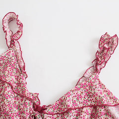 الأزهار المطبوعة بوهو نمط المرأة فستان قصير الخامس الرقبة السباغيتي حزام كشكش فستان الصيف عادية أكمام فساتين عارية الذراعين