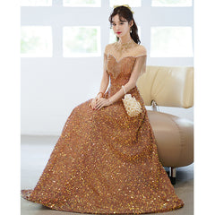 New sequined evening dress skirt women temperament long section tassel one-shoulder host annual meeting banquet toast dress flash