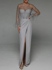 Party Dresses Women Evening Elegant Puff Sleeve Hollow Out Mesh Strapless Bodycon Dress Backless Split Prom Wedding Maxi Dress