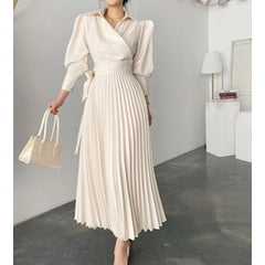 Elegant fashion women's puff sleeve pleated long skirt lapel spring and autumn office Ladeis dress black