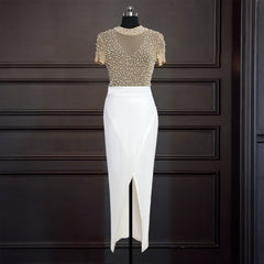 فستان سهرة نسائي على الموضة الأوروبية والأمريكية بنمط مثير وخياطة متباينة اللون شفاف من التول مطرز مفتوح دبوس شعر برقبة دائرية وأكمام قصيرة للنساء