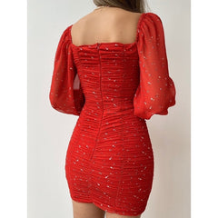 New Mini Dress Slim Fits French Style Bodycon Dress Women Square Collar Puff Sleeve Pleated Dress Tight Chiffon