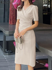 فستان نسائي أنيق من ZANZEA برقبة على شكل V وأكمام قصيرة فستان صيفي ضيق للعمل OL فستان صيفي غير رسمي متين بطول الركبة فيستدو رداء نسائي