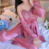 Summer Women's Pajamas Silk Long Sleeve Camisole Nightgown Sexy Three-piece Homewear