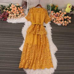 Retro high-end light luxury temperament stand collar hook flower hollow waist a-line lace cake dress elegant long skirt