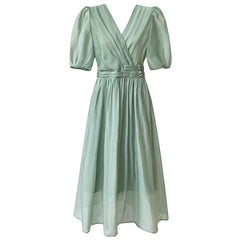 Elegant V-neck short-sleeved chiffon dress ladies Chinese buckle waist length dress ladies gentle casual wear Summer