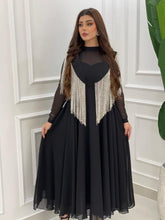 Black elegant fringed chiffon waist dress