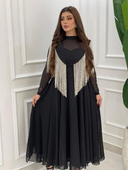 Black elegant fringed chiffon waist dress