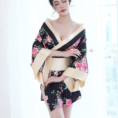 Sexy lingerie multi-color printing see-through kimono black pajamas nightgown and wind pajamas set