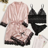 Long Sleeve Womens Pajamas European American Lace Lingerie Nightwear Underwear Set Satin Suspenders Sleepwear Nightgown