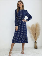 بوهو فانوس كم طويل البولكا نقطة مطبوعة ميدي فستان المرأة أنيقة خمر الوقوف طوق سبليت الخريف فستان رداء فام