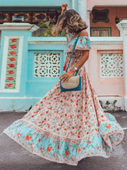 European and American new women's dress sexy one-shoulder print large swing skirt