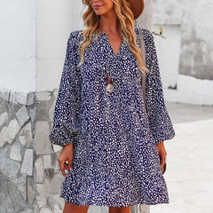 ليوبارد فستان زهري للنساء خريف كم طويل فستان كاجوال بوهو الخامس الرقبة فساتين حريمي فضفاضة نمط المهنة ملابس الشاطئ النسائية