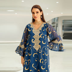 Arab New Women's Mesh Embroidery Dress Middle East Women's Kaftan Embroidered Mesh Jalabiya