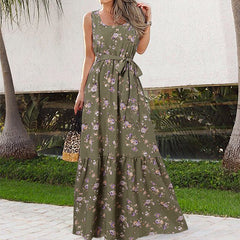 Celmia Ms. Bohemian resort style floral print dress European and American fashion temperament elegant round neck sleeveless lace-up skirt daily summer plus size trend seaside dating A-line skirt long skirt