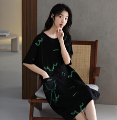 Summer cotton nightdress women's short-sleeved pullover mid-length women's cotton home service thin section large size dress