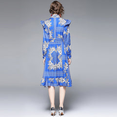 High-end elegant temperament printed long-sleeved dress female fashion ladies lace-up dress