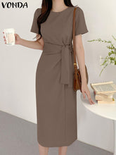 VONDA Fashion Women Shirt Dress 2023 Summer Short Sleeve Waist Pleated Bandage Elegant Sundress Casual Solid Color Midi Robe