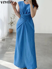 VONDA Elegant Dresses For Women 2022 Solid O Neck Sleeveless Kink Spliced A-Line Vestidos Bohemian Party Casual Summer Plus Size Long Dresses