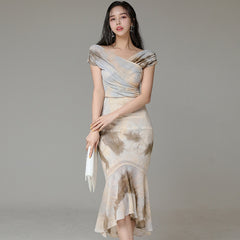 New Fashion Women Summer OL Elegant Bodycon Party Set Sexy V-Neck Tops Print Short Sleeve Shirt And Ruffle Skirt Two Piece Set