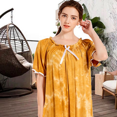 New Modal Nightdress Women Short Sleeve Gradient Long Sleepdress Nightgown Breathable Elastic Collar Floral Sleepwear Loungewear